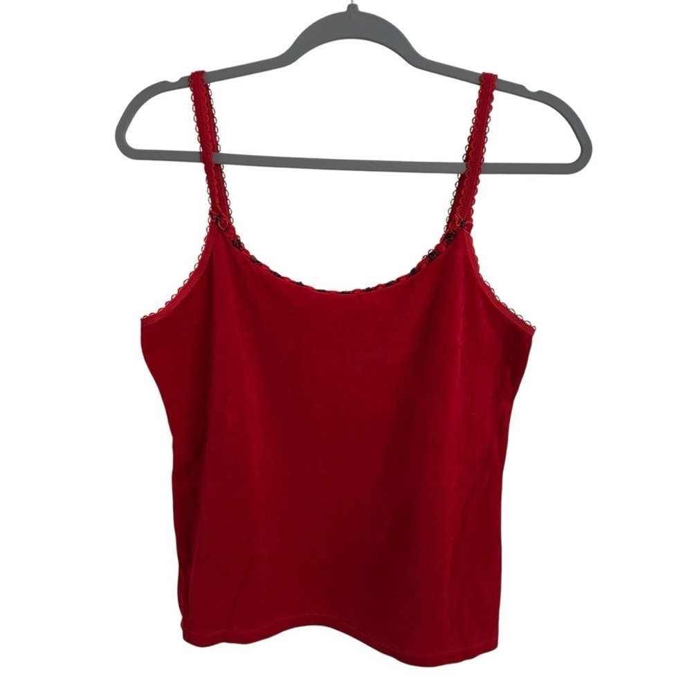 Vintage Victorias Secret Country Large Red Velour Tank Top Ribbon Trim Y2K Cute